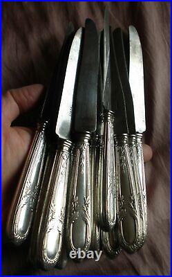 12 + 12 = 24 couteaux métal argenté & acier fondu modèle filets ruban feuillagé