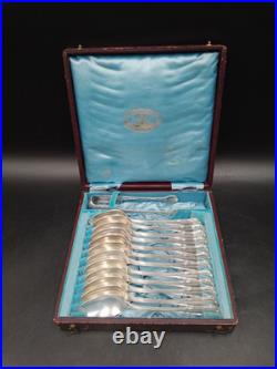 12 Cuillères à café CHRISTOFLE modèle Pompadour métal argenté + pince à sucre
