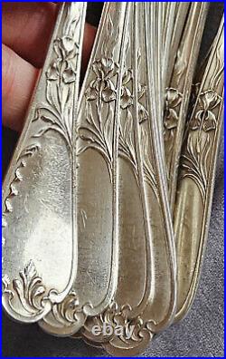 12 couverts de ménagère art nouveau métal argenté Modèle IRIS 20 pièces Ercuis 12 couverts de ménagère art nouveau métal argenté Modèle IRIS 20 pièces Ercuis