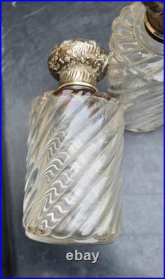 3 Flacons Cristal Baccarat Modele Cotes Torses Bouchons Metal Argenté 1900