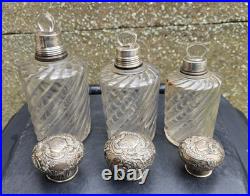 3 Flacons Cristal Baccarat Modele Cotes Torses Bouchons Metal Argenté 1900