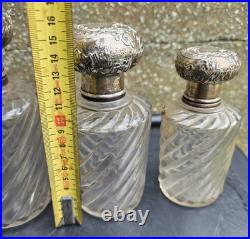 3 Flacons Cristal Baccarat Modele Cotes Torses Bouchons Metal Argenté 1900