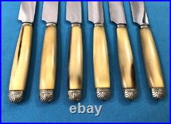 6 + 6 couteaux manches corne Bagues métal argenté Lames inox Modèle COQUILLE