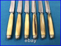 6 + 6 couteaux manches corne Bagues métal argenté Lames inox Modèle COQUILLE
