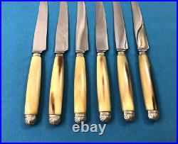 6 + 6 couteaux manches corne Bagues métal argenté Lames inox Modèle COQUILLE