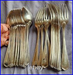 CHRISTOFLE modèle SPATOURS 12 couverts de ménagère métal argenté Monogramme BB