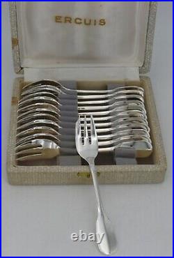 Ercuis modèle Valois/Uniplat/Vieux Paris, 12 fourchettes à gâteaux métal argenté